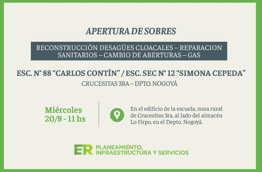  Se intervendrá la escuela N° 88 de Crucesitas Tercera en Nogoyá